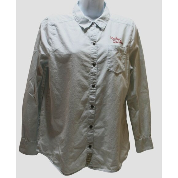 Harley-Davidson Blue Chambray Shirt Womens M Burn Rubber Embroidered Biker Moto - Picture 2 of 11
